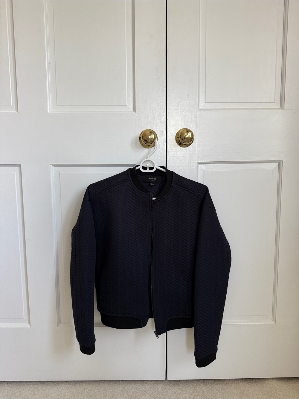 Mango Minimalist Quilted Bomber Sweater - Navy